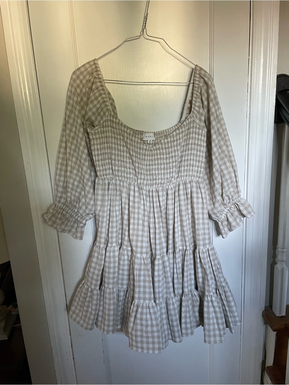 Mable Cream and Beige Smocked Gingham Mini Dress Size Medium